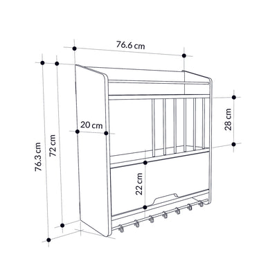 Pensile da cucina in legno bianco e noce con anta ripiani e ganci cm 76x20x76h