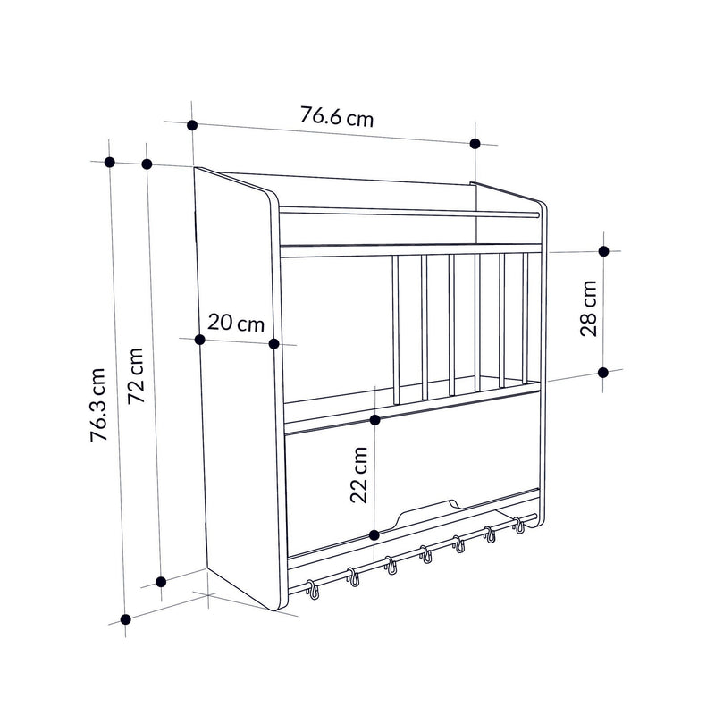 Pensile da cucina in legno bianco e noce con anta ripiani e ganci cm 76x20x76h