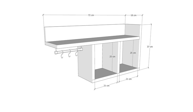 Pensile da cucina con ripiano 2 vani in legno bianco e ganci cm 72x18x37h