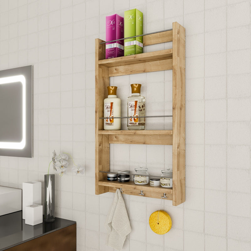 Pensile da cucina in legno naturale con ganci e ripiani portaspezie cm 45x10x80h