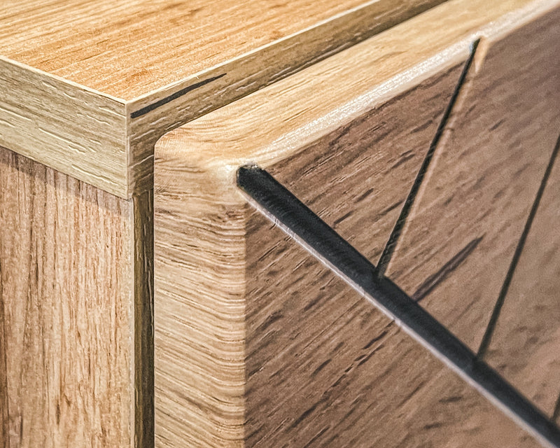 Faym - Parete soggiorno sospesa in legno quercia con vetrine e luci blu