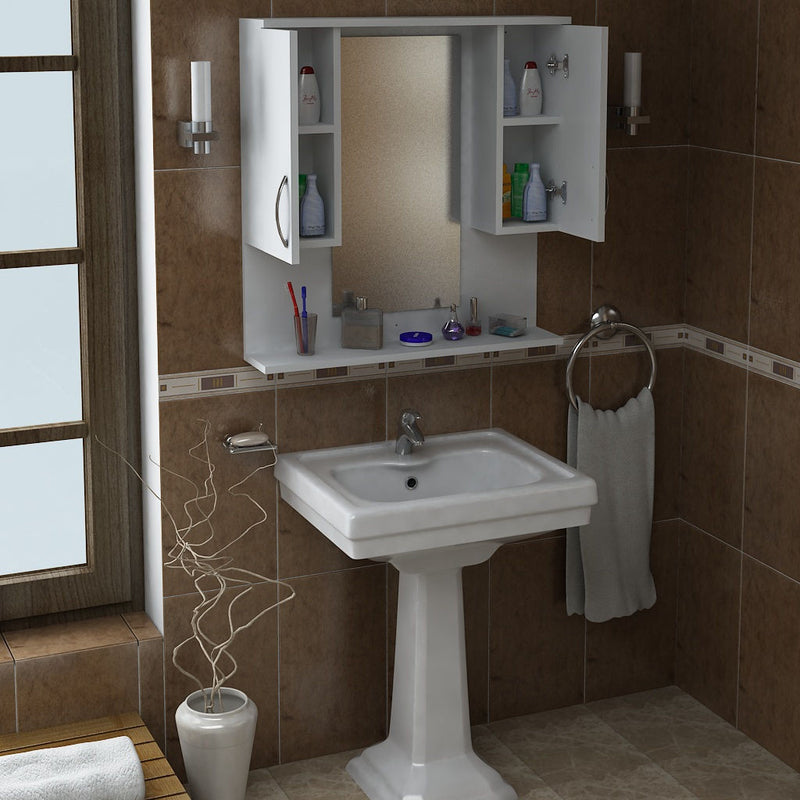 Pensile per bagno con specchio e colonne laterali in legno bianco cm 80x18x83h