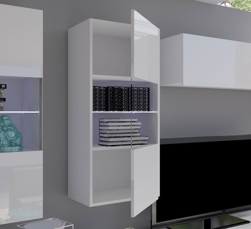 Parete living design moderno colore bianco con porta tv e pensili