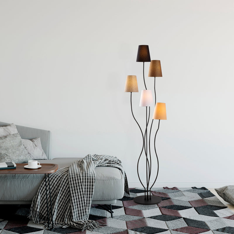 Piantana moderna 5 paralumi multicolore aste in metallo nero cm 44x44x160h