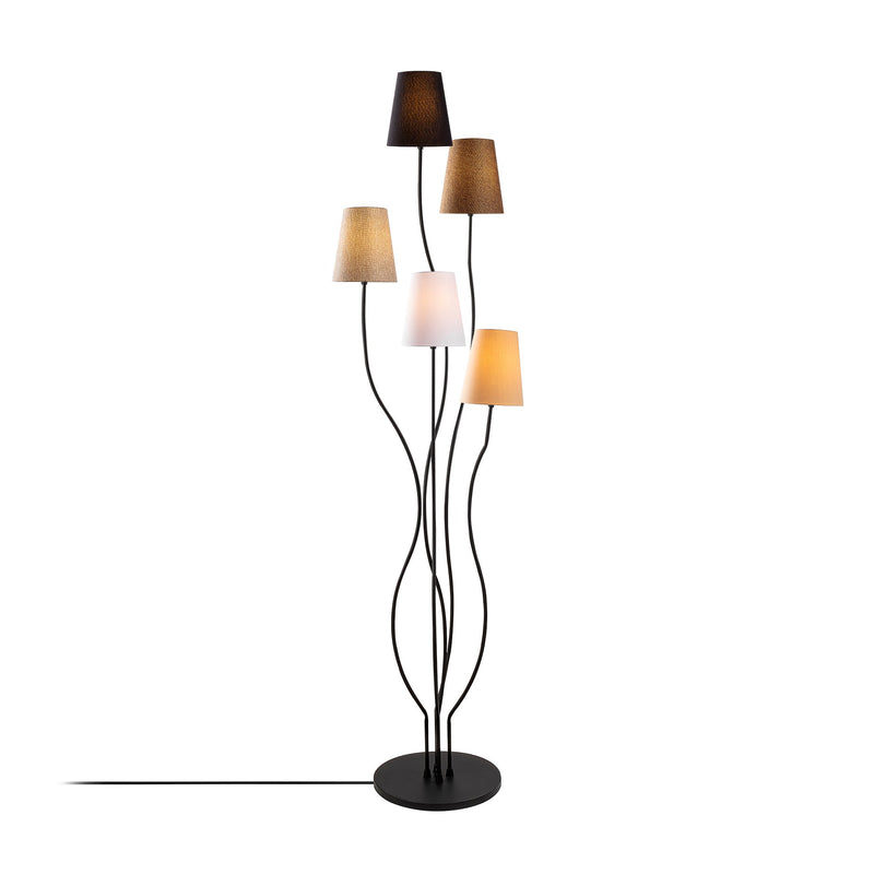 Piantana moderna 5 paralumi multicolore aste in metallo nero cm 44x44x160h