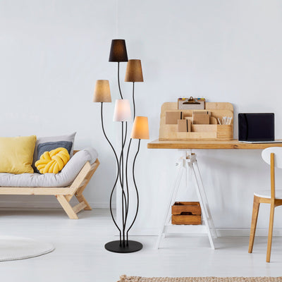 lampada da terra struttura in metallo colore nero con 5 paralumi in tessuto di diverso colore
