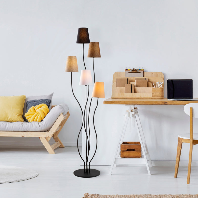lampada da terra struttura in metallo colore nero con 5 paralumi in tessuto di diverso colore