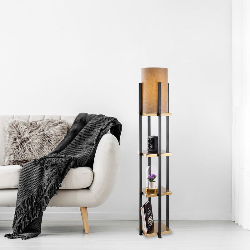 lampada da pavimento paralume in tessuto marrone con struttura a scaffale in metallo nero e oro
