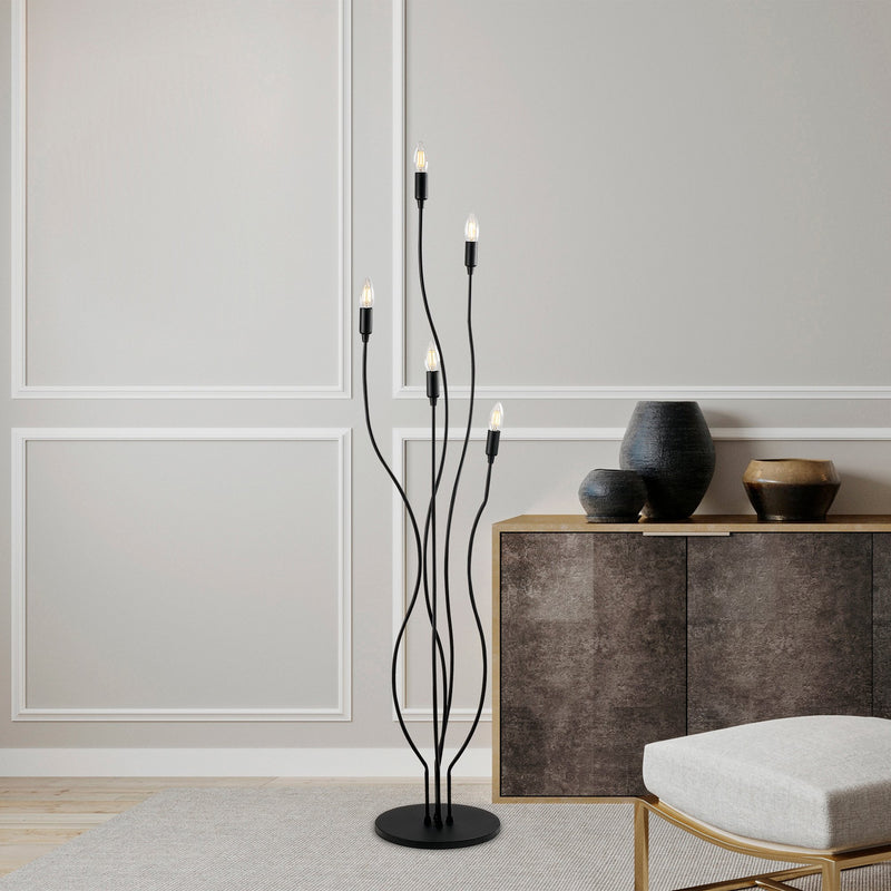 piantana design struttura in metallo colore nero design sinuoso con 5 punti luce