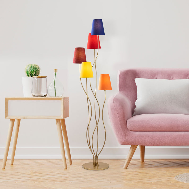 Piantana colorata con 5 paralumi in tessuto struttura in metallo dorato cm 44x44x160h