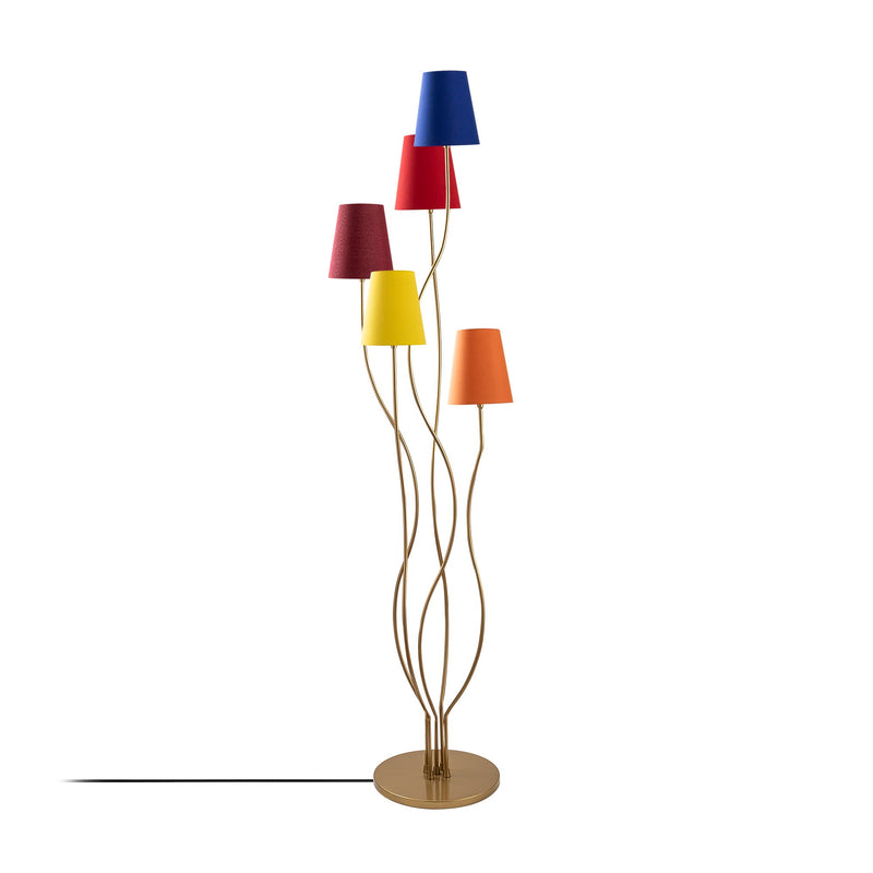 Piantana colorata con 5 paralumi in tessuto struttura in metallo dorato cm 44x44x160h