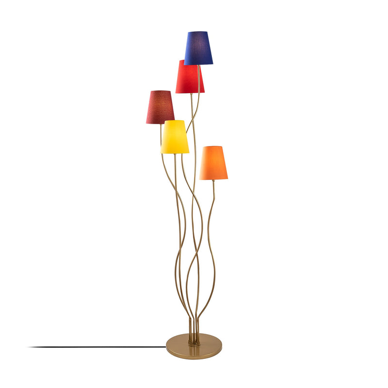 Piantana colorata con 5 paralumi in tessuto struttura in metallo dorato cm 44x44x160h