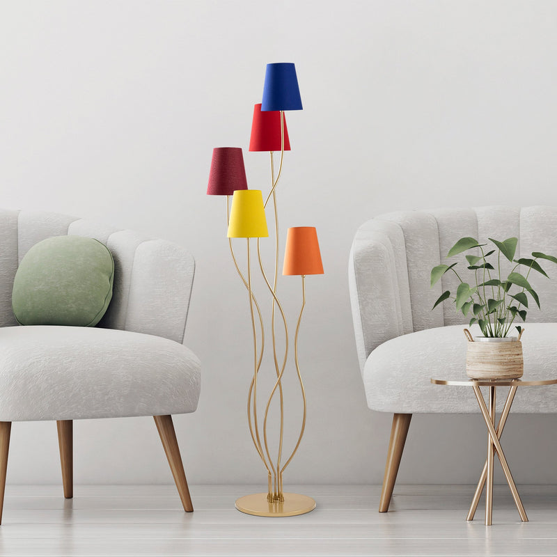 lampada da pavimento moderna multicolore con 5 paralumi in tessuto 5 colori diversi struttura in metallo dorato