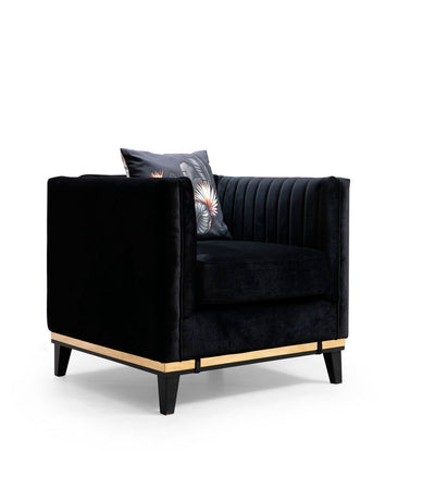 poltrona moderna design rivestita in tessuto nero base in legno nero con inserto dorato