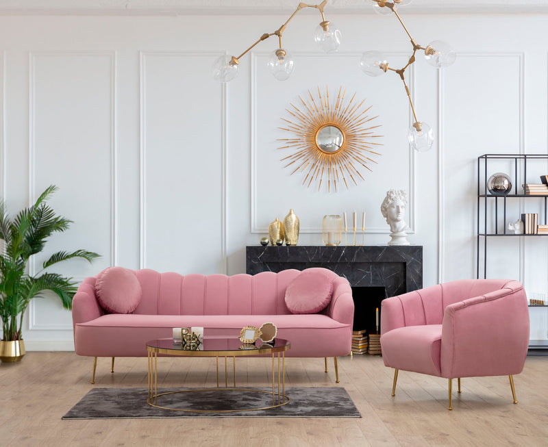 Poltrona elegante moderna rivestita in tessuto rosa gambe dorate cm 85x85x80h