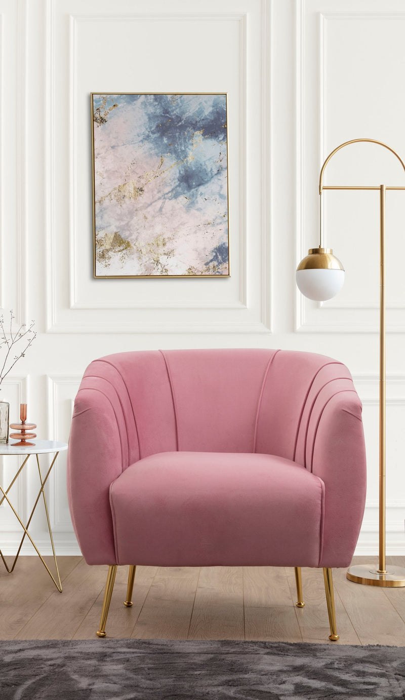 Poltrona elegante moderna rivestita in tessuto rosa gambe dorate cm 85x85x80h