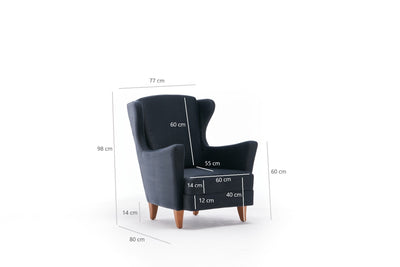 Poltrona con poggiatesta classica in velluto antracite cm 77x80x98h