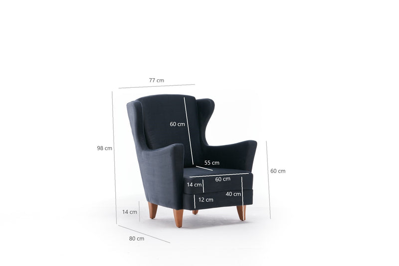 Poltrona con poggiatesta classica in velluto antracite cm 77x80x98h