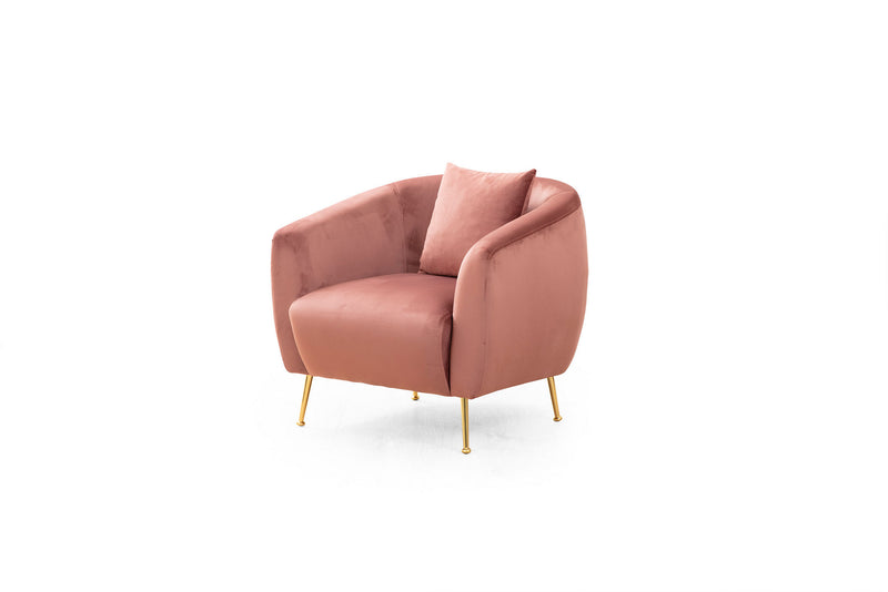 Poltrona soggiorno rivestita in tessuto di rosa con gambe in metallo dorato cm 70x80x82h