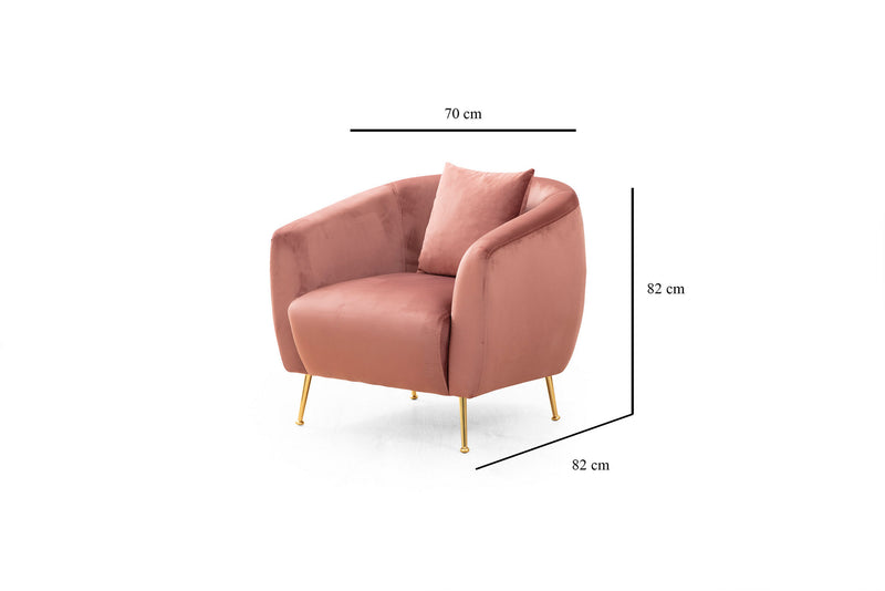 Poltrona soggiorno rivestita in tessuto di rosa con gambe in metallo dorato cm 70x80x82h