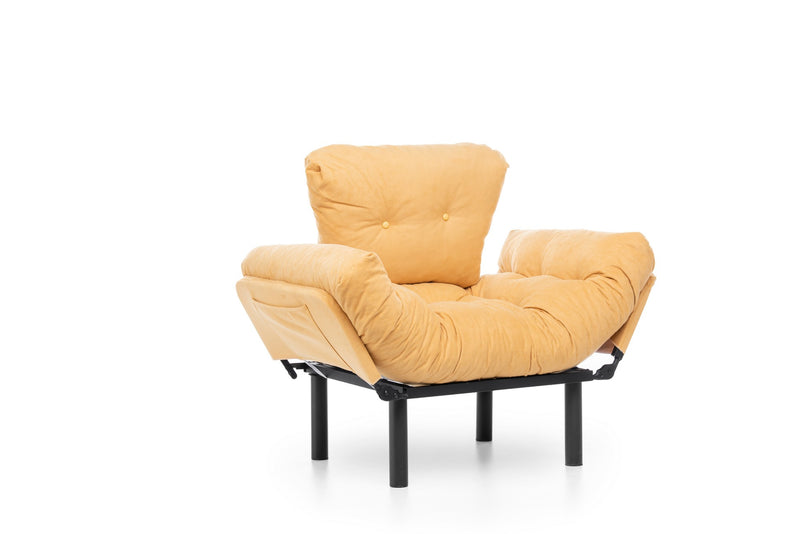 Poltrona in metallo e tessuto giallo con braccioli regolabili cuscini imbottiti cm 95x70x85h