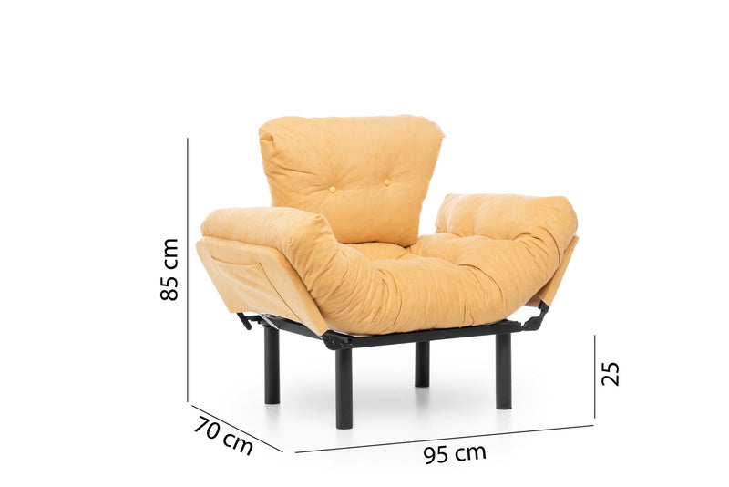 Poltrona in metallo e tessuto giallo con braccioli regolabili cuscini imbottiti cm 95x70x85h