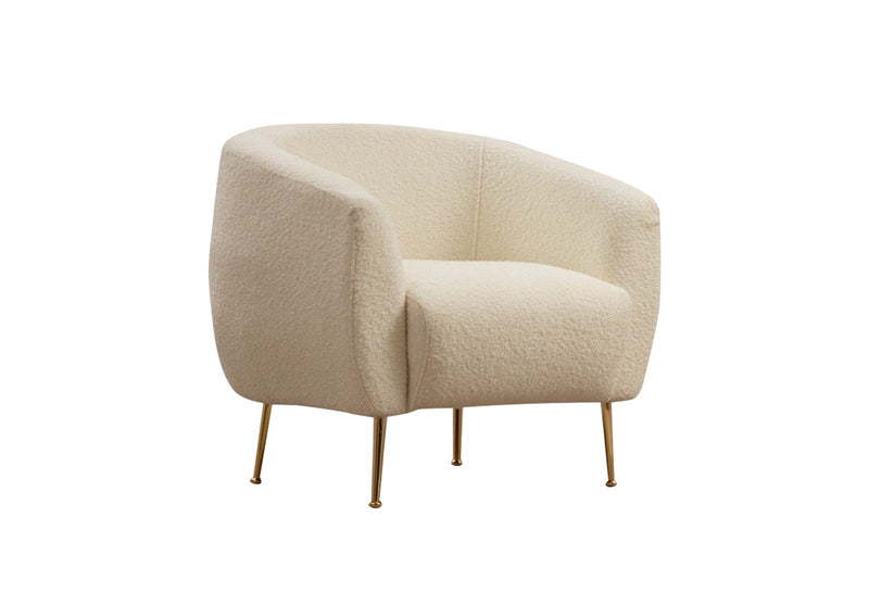 Poltroncina in stile moderno con tessuto bouclé crema e gambe in metallo dorato cm 70x80x82h