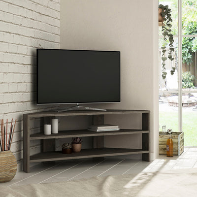 Porta tv ad angolo con 2 ripiani in legno design moderno cm 114x36x45h