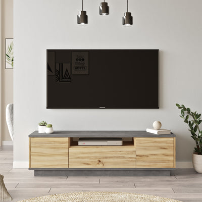 Porta tv basso soggiorno 3 ante in legno quercia e cemento cm 140x36x40h