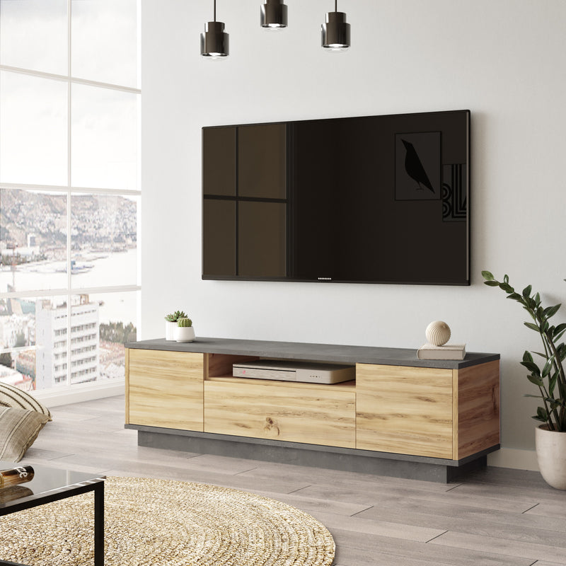 mobile base porta tv in legno colore quercia e cemento 3 ante a ribalta