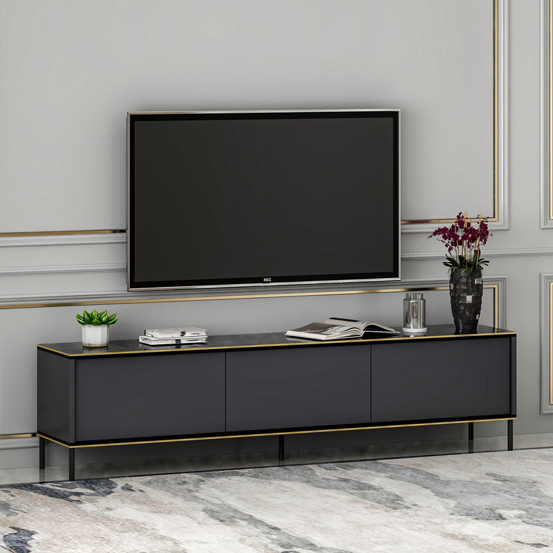 Base porta tv moderno 3 ante colore antracite e marmo nero bordi dorati cm 180x35x45h