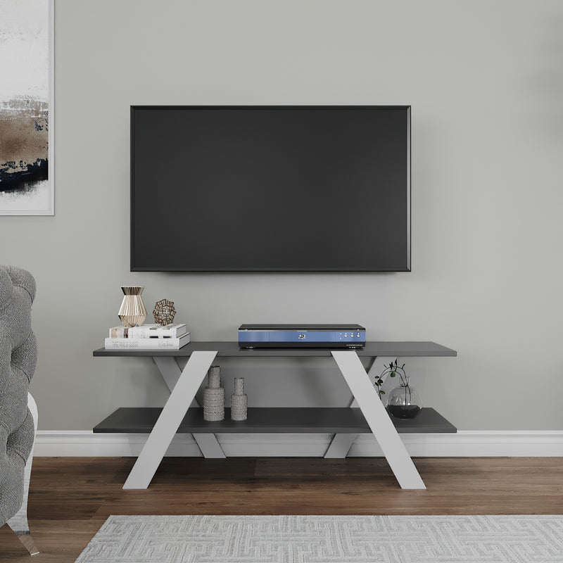 porta tv design in legno bianco e antracite 2 ripiani struttura ad incrocio