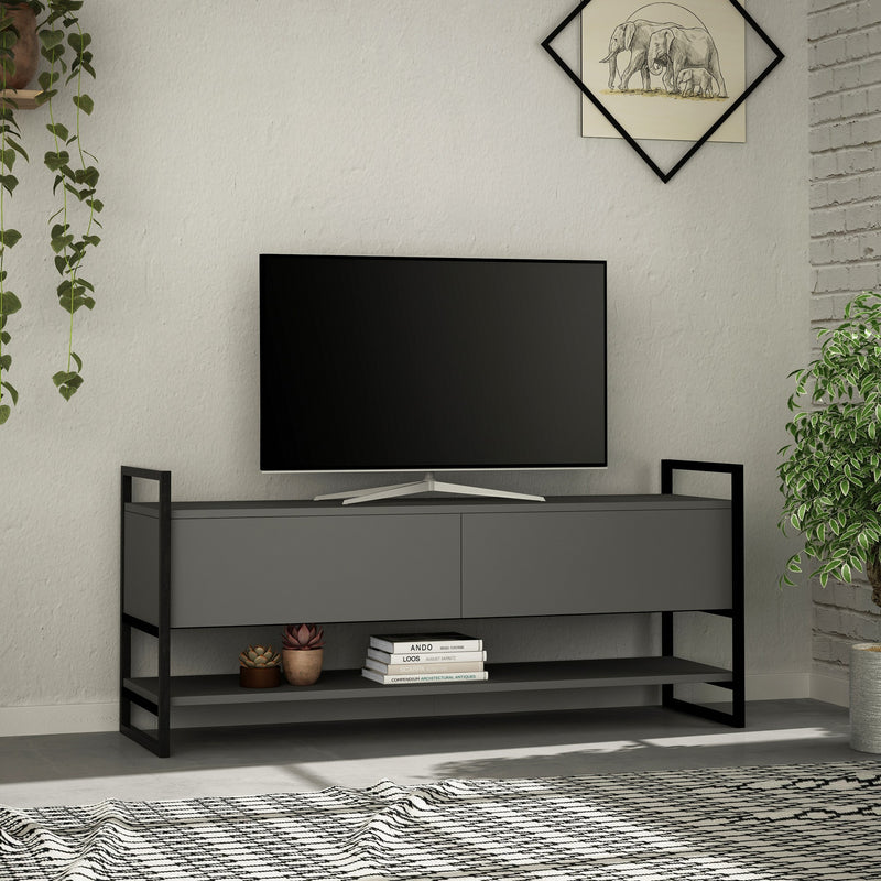 mobile tv moderno in legno antracite 2 ante a ribalta e ripiano struttura in metallo