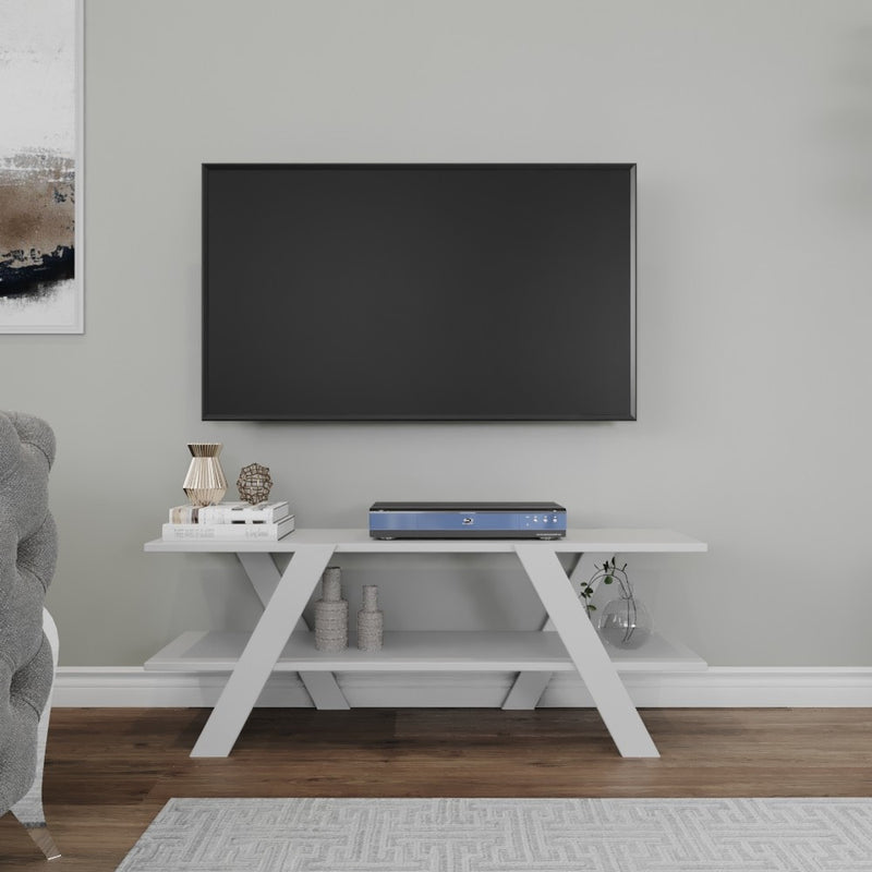 mobile tv moderno con 2 ripiani in legno bianco struttura ad incrocio