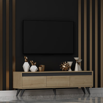 Porta tv moderno basso 3 ante colore quercia e antracite cm 150x30x45h
