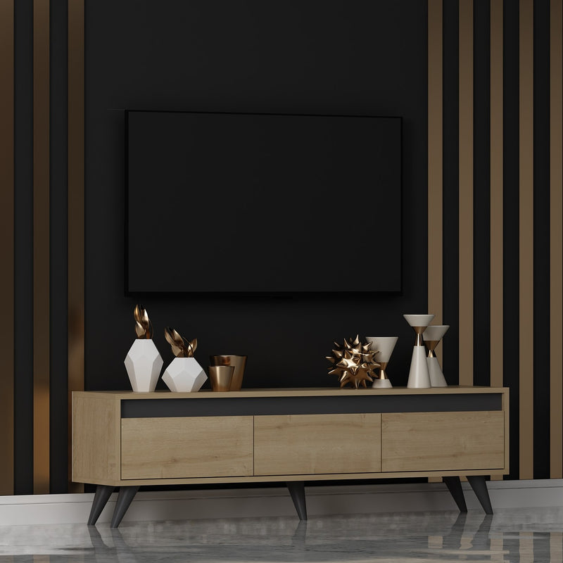 Porta tv moderno basso 3 ante colore quercia e antracite cm 150x30x45h