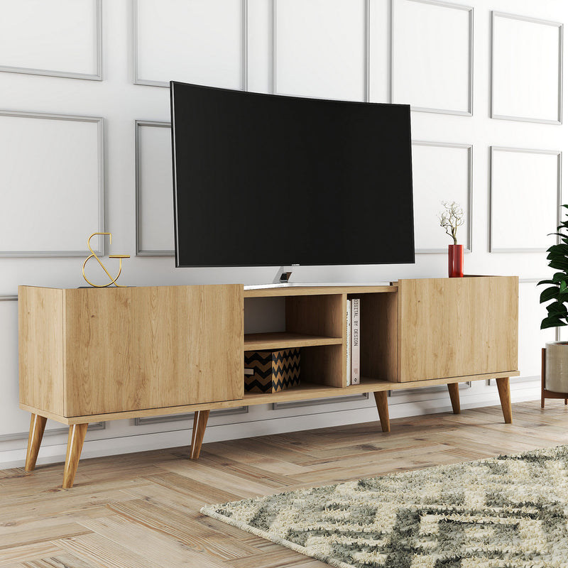 Porta tv moderno colore quercia chiaro con ante e vani cm 180x35x54h