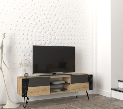 Mobile porta televisore con ante e vani in legno quercia nero e marmo cm 150x36x52h