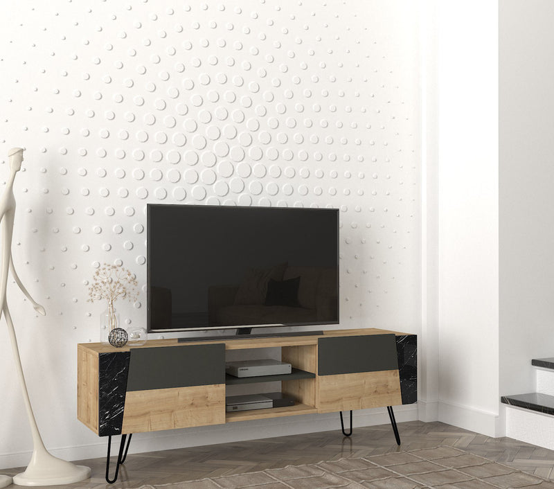 Mobile porta televisore con ante e vani in legno quercia nero e marmo cm 150x36x52h