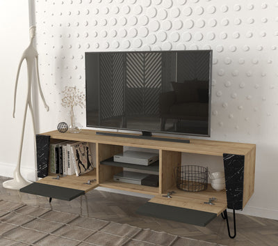 Mobile porta televisore con ante e vani in legno quercia nero e marmo cm 150x36x52h