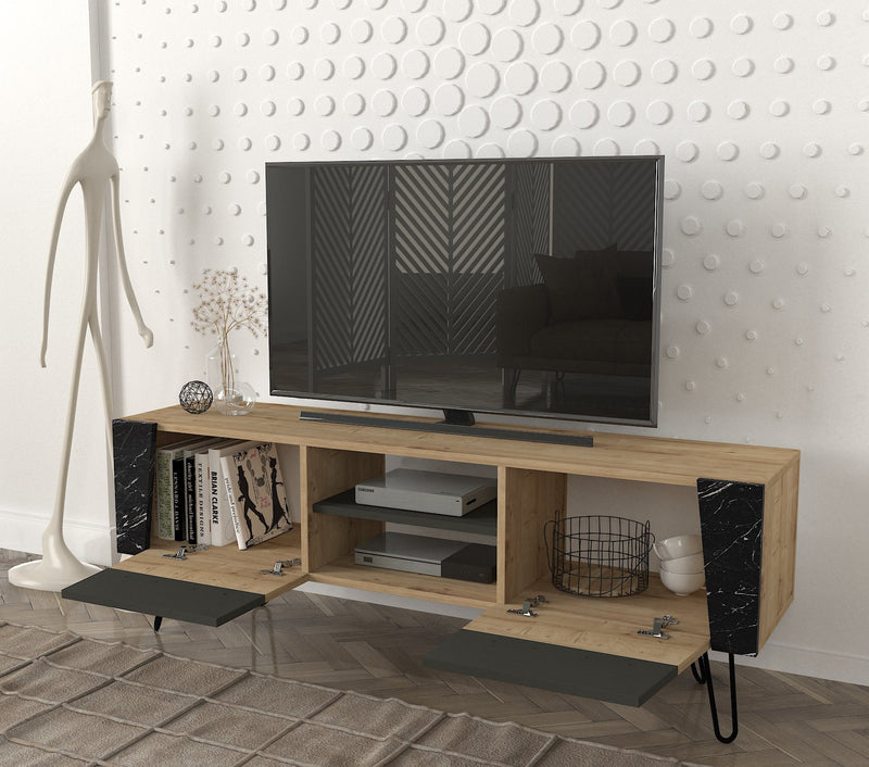 Mobile porta televisore con ante e vani in legno quercia nero e marmo cm 150x36x52h
