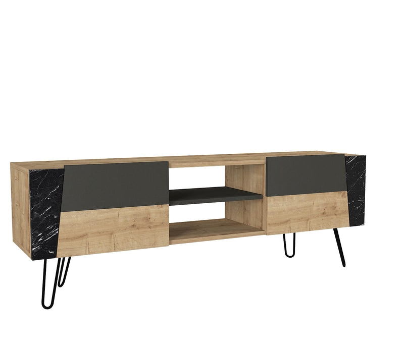 Mobile porta televisore con ante e vani in legno quercia nero e marmo cm 150x36x52h