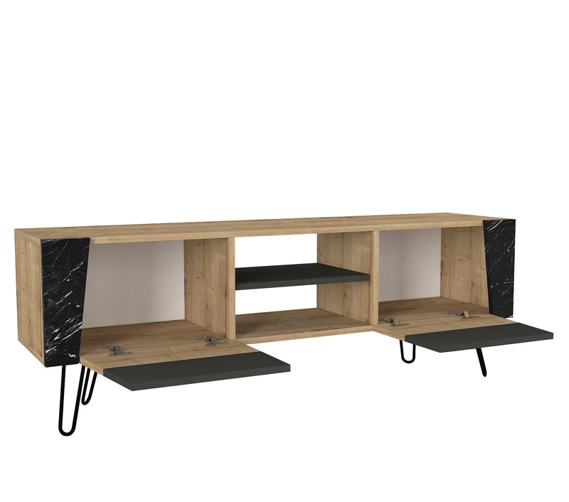 Mobile porta televisore con ante e vani in legno quercia nero e marmo cm 150x36x52h