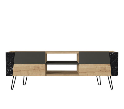 Mobile porta televisore con ante e vani in legno quercia nero e marmo cm 150x36x52h