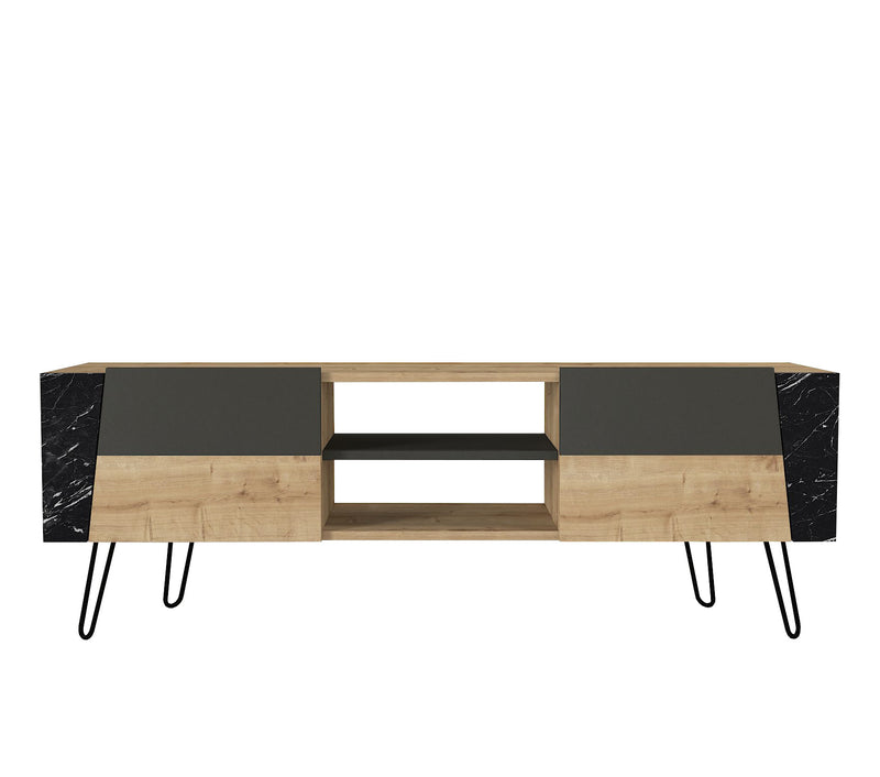Mobile porta televisore con ante e vani in legno quercia nero e marmo cm 150x36x52h