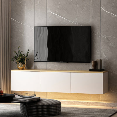 Base tv design con luci a led 3 ante bianco e top quercia cm 160x32x35h