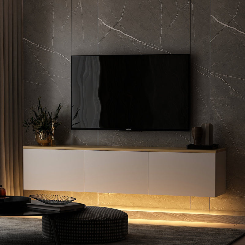 Base tv design con luci a led 3 ante bianco e top quercia cm 160x32x35h