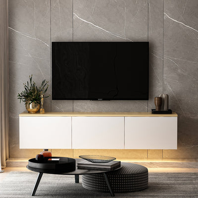 mobile tv sospeso 3 ante con luce a led struttura bianco top quercia