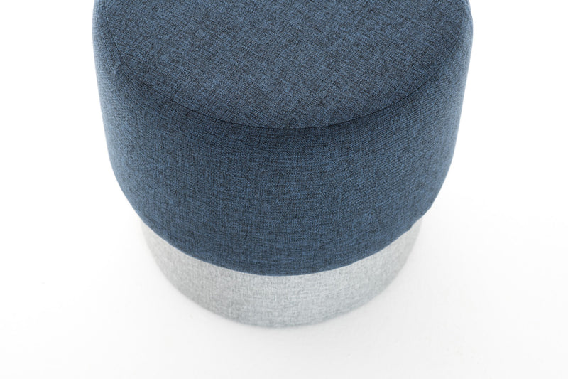 Pouf tondo moderno imbottito rivestito in tessuto blu e grigio cm 40x42h