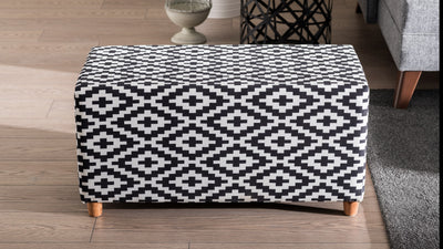 pouf rettangolare moderno con rivestimento in tessuto fantasia bianco e nero